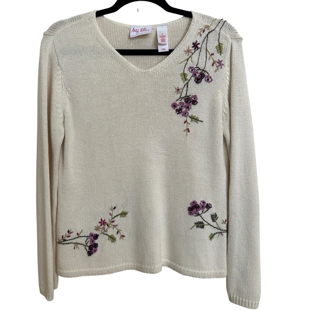 Vintage Meg Allen Liz Claiborne Floral Embroidered Knit Sweater M Cottagecore